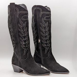 Dolce Vita Wmn Solei Studded Western Cowgirl Leather Black Suede Boots Size 8.5